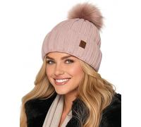 Baesics Bommelmütze Damen & Herren Rosa - Strick mit Kunstfell Bommel, Fleece Innenfutter, ca. 56-58 cm Kopfumfang | Pudelmütze für Winter, Ski, Weihnachtsmarkt