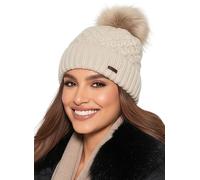 Baesics Strickmütze Blümchen Creme mit Bommel für Damen & Herren - warme Unisex Wintermütze mit Fleecefutter & Kunstfell Pompon One Size - Beanie Stil