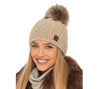 Baesics Strickmütze Glitzer Beige mit Bommel für Damen & Herren - warme Unisex Wintermütze mit Fleecefutter & Kunstfell Pompon One Size - Beanie Stil
