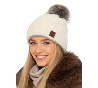 Baesics Strickmütze Glitzer Weiß mit Bommel für Damen & Herren - warme Unisex Wintermütze mit Fleecefutter & Kunstfell Pompon One Size - Beanie Stil