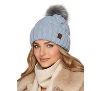 Baesics Strickmütze mit Bommel Babyblau für Damen & Herren - warme Unisex Zopfmuster Wintermütze mit Fleecefutter & Kunstfell Pompon - Made in Poland - One Size - Beanie Stil