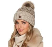 Baesics Strickmütze mit Bommel Creme für Damen & Herren - warme Unisex Wintermütze mit Fleecefutter & Kunstfell Pompon One Size - Beanie Stil