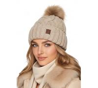 Baesics Strickmütze mit Bommel Creme für Damen & Herren - warme Unisex Zopfmuster Wintermütze mit Fleecefutter & Kunstfell Pompon - Made in Poland - One Size - Beanie Stil