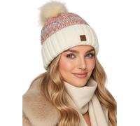 Baesics Strickmütze mit Bommel Weiß für Damen & Herren - warme Unisex Wintermütze mit Fleecefutter & Kunstfell Pompon One Size - Beanie Stil