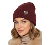 Baesics Wintermütze Bordeaux mit Leo Herz Damen Herren Unisex, weiche kuschelige Strickmütze Beanie, elastisch und warm, One Size für Herbst und Winter, Alltag und Outdoor, Geschenk Frauen Männer