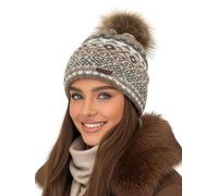 Baesics Wintermütze Creme mit Muster Damen Herren - Gefütterte Bommelmütze mit Kunstfell Pompon, Strickmütze Beanie Stil, Made in EU, One Size, Warm & Elastisch mit Fleecefutter