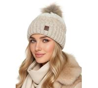Baesics Wintermütze Creme mit Zopfmuster Damen Herren - Gefütterte Bommelmütze mit Kunstfell Pompon, Strickmütze Beanie Stil, Made in EU, One Size, Warm & Elastisch mit Fleecefutter