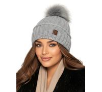 Baesics Wintermütze Grau mit Zopfmuster Damen Herren - Gefütterte Bommelmütze mit Kunstfell Pompon, Strickmütze Beanie Stil, Made in EU, One Size, Warm & Elastisch mit Fleecefutter