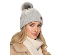 Baesics Wintermütze Hellgrau mit Zopfmuster Damen Herren - Gefütterte Bommelmütze mit Kunstfell Pompon, Strickmütze Beanie Stil, Made in EU, One Size, Warm & Elastisch mit Fleecefutter