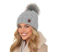 Baesics Wintermütze Hellgrau mit Zopfmuster Damen Herren - Gefütterte Bommelmütze mit Kunstfell Pompon, Strickmütze Beanie Stil, Made in EU, One Size, Warm & Elastisch mit Fleecefutter