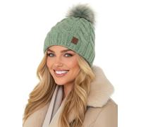 Baesics Wintermütze Mint mit Zopfmuster Damen Herren - Gefütterte Bommelmütze mit Kunstfell Pompon, Strickmütze Beanie Stil, Made in EU, One Size, Warm & Elastisch mit Fleecefutter