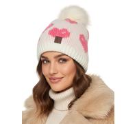 Baesics Wintermütze mit Herzen Weiß Damen Herren - Gefütterte Bommelmütze mit Kunstfell Pompon, Strickmütze Beanie Stil, Made in EU, One Size, Warm & Elastisch mit Fleecefutter