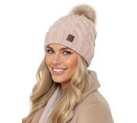 Baesics Wintermütze Rosa mit Zopfmuster Damen Herren - Gefütterte Bommelmütze mit Kunstfell Pompon, Strickmütze Beanie Stil, Made in EU, One Size, Warm & Elastisch mit Fleecefutter