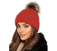 Baesics Wintermütze Rot mit Zopfmuster Damen Herren - Gefütterte Bommelmütze mit Kunstfell Pompon, Strickmütze Beanie Stil, Made in EU, One Size, Warm & Elastisch mit Fleecefutter