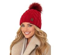 Baesics Wintermütze Rot mit Zopfmuster Damen Herren - Gefütterte Bommelmütze mit Kunstfell Pompon, Strickmütze Beanie Stil, Made in EU, One Size, Warm & Elastisch mit Fleecefutter