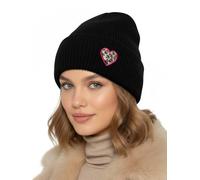 Baesics Wintermütze Schwarz mit Leo Herz Damen Herren Unisex, weiche kuschelige Strickmütze Beanie, elastisch und warm, One Size für Herbst und Winter, Alltag und Outdoor, Geschenk Frauen Männer