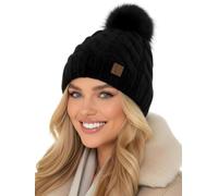 Baesics Wintermütze Schwarz mit Zopfmuster Damen Herren - Gefütterte Bommelmütze mit Kunstfell Pompon, Strickmütze Beanie Stil, Made in EU, One Size, Warm & Elastisch mit Fleecefutter