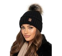 Baesics Wintermütze Schwarz mit Zopfmuster Damen Herren - Gefütterte Bommelmütze mit Kunstfell Pompon, Strickmütze Beanie Stil, Made in EU, One Size, Warm & Elastisch mit Fleecefutter