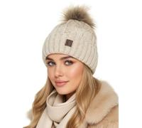 Baesics Wintermütze Weiß mit Zopfmuster Damen Herren - Gefütterte Bommelmütze mit Kunstfell Pompon, Strickmütze Beanie Stil, Made in EU, One Size, Warm & Elastisch mit Fleecefutter