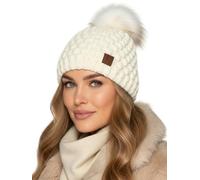 Baesics Wintermütze Weiß mit Zopfmuster Damen Herren - Gefütterte Bommelmütze mit Kunstfell Pompon, Strickmütze Beanie Stil, Made in EU, One Size, Warm & Elastisch mit Fleecefutter