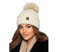 Baesics Wintermütze Weiß mit Zopfmuster Damen Herren - Gefütterte Bommelmütze mit Kunstfell Pompon, Strickmütze Beanie Stil, Made in EU, One Size, Warm & Elastisch mit Fleecefutter