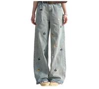 Baggy Jeans Damen Dackel Graphic Weite Beine Denim Elastische Hohe Taille Hose Y2K 90er Vintage Hip Hop Loose Streetwear Freizeithose mit Taschen S-XXXL