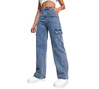 Baggy Jeans Damen High Waist - Cargo Jeans Damen mit Multi-Taschen- Jeanshose Damen Lang Straight Leg Weites Bein Denim Hose Damenjeans Oversized Cargohose Jeans Hosen für Frauen Teenager Mädchen