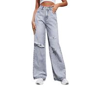 Baggy Jeans Damen High Waist Jeanshose Damen mit Löchern Denim Hose Damen Weite Bein Boyfriend Damenjeans Wide Le Freizeithose Arbeitshosen Jogginghose Hosen Blau Grau Jeanshosen