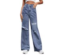 Baggy Jeans Damen High Waist Jeanshose mit Löchern Denim Hose Weites Bein Boyfriend Damenjeans Wide Le Freizeithose Arbeitshosen Jogginghose Hosen Blau Grau Jeanshosen für Frauen