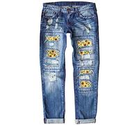 Baggy Jeans Damen, Jeans Hose Gerades Bein Zerrissener Druck Tlere Taille Gerade Hose Sonnenblumen Blumenmuster Weste Schwarz