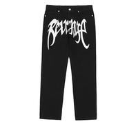 Baggy Jeans Herren Y2K mit Print Hip Hop Baggy Gerades Bein Gewaschene Jeans Vintage Pants Breite Hose mit Schrift Vorne, Baggy Loose Fit Schwarz Jeanshose Hosen Freizeithose für Jungs Männer