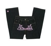 Baggy Jeans Herren Y2K mit Print Hip Hop Baggy Star Cargo Jeans Pants Breite Hose mit Schrift Vorne, Baggy Loose Fit Schwarz Jeanshose Straight Leg Gewaschene Vintage Denim Hosen für Jungs Männer