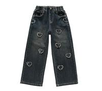 Baggy Jeans Herz Fliege Gestickt Teen Mädchen Y2k Dance Hip Hop Wide Leg Jeanhose Kinder Girls Retro Weites Bein Straight Denim Hosen Streetwear Freizeithose mit Taschen (h-Dark Blue, 5-6 Years)