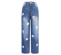 Baggy Jeans Herz Fliege Gestickt Teen Mädchen Y2k Dance Hip Hop Wide Leg Jeanhose Kinder Girls Retro Weites Bein Straight Denim Hosen Streetwear Freizeithose mit Taschen (f-Blue, 11-12 Years)