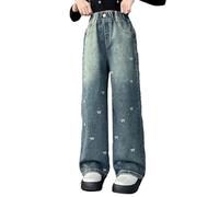 Baggy Jeans Herz Fliege Gestickt Teen Mädchen Y2k Dance Hip Hop Wide Leg Jeanhose Kinder Girls Retro Weites Bein Straight Denim Hosen Streetwear Freizeithose mit Taschen (d-Blue, 15-16 Years)