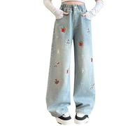 Baggy Jeans Herz Fliege Gestickt Teen Mädchen Y2k Dance Hip Hop Wide Leg Jeanhose Kinder Girls Retro Weites Bein Straight Denim Hosen Streetwear Freizeithose mit Taschen (g-Blue, 5-6 Years)