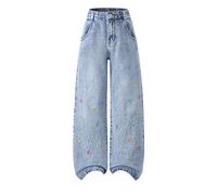 Baggy Jeans Herz Fliege Gestickt Teen Mädchen Y2k Dance Hip Hop Wide Leg Jeanhose Kinder Girls Retro Weites Bein Straight Denim Hosen Streetwear Freizeithose mit Taschen (b-Blue, 13-14 Years)