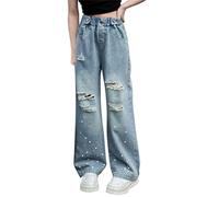 Baggy Jeans Herz Fliege Gestickt Teen Mädchen Y2k Dance Hip Hop Wide Leg Jeanhose Kinder Girls Retro Weites Bein Straight Denim Hosen Streetwear Freizeithose mit Taschen (c-Light Blue, 7-8 Years)