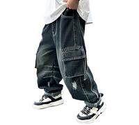 Baggy Jeans Jungs Kinder Loose Fit Jogginghose mit Elastische Taille Lässige Weitem Bein Jeanshose Streetwear Freizeit Loose Jeanshose Cargo Hosen für Kinder und Teenager 120-170