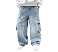 Baggy Jeans Jungs Kinder Loose Fit Jogginghose mit Elastische Taille Lässige Weitem Bein Jeanshose Streetwear Freizeit Loose Jeanshose Cargo Hosen für Kinder und Teenager 120-170