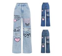Baggy Jeans Mädchen Y2k Druck Zerrissene Jeanshose mit Taschen Weite Bein Hip Hop Grafik Denim Hosen für Kinder Mädchen Hohe Taille Weiche Freizeithose (Dark Blue, 12-13 Years)