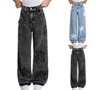 Baggy Jeans Teen Mädchen Y2k Weites Bein High Waist Jeanhose Kinder Girls Retro Hip Hop Gestickt Straight Denim Hosen mit Taschen Casual Fashion Dance Streetwear Freizeithose (1-Black, 9-10 Years)