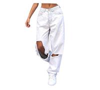 Baggy Jeans y2k Damen: Boyfriend, Jeanshosen Mit Tasche-Weites Bein-Harajuku Streetwear Hose-Aesthetic Jeans-High Waist-Straight Jeans-Teenager MäDchen Kleidung Trend Hosen,E-Girl Hosen, Weiß