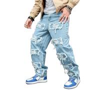 Baggy Stacked Jeans Herren Teen Jungen Y2k Mid Rise Distressed Ripped Jeans Straight Leg Hip Hop Denim Pants Streetwear, Blau, Groß