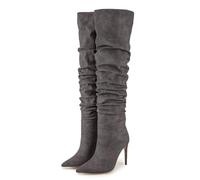 BAICAIBAI Damen Overknee Stiefel Stiletto High Heels Stretch Boots Overknee-Stiefel Spitz zulaufend Stilettabsätze Plissiertes Extra Große Größe Perfekt für Mode Herbst und Winter,Gray,36