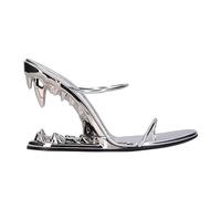 BAICAIBAI Damen Sandalen mit Metallic-Absatz Offene Zehenkappe Runde Form Aushöhlter Tigerzahn-Design Fashion Sicherheit Heel Boots Bequem Hochzeit Braut Abendkleid Partei,Silver,40