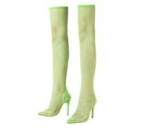 BAICAIBAI Damen-Stiefel Nachtclub Strass High Heels Mesh mit Glitzernden Stilettos aus Netzstoff spitze Zehenpartie Overknee-Stiefel Hoch Party Durchsichtig Pumps Sommer Clubbing,Green,42