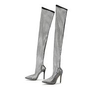 BAICAIBAI Damen-Stiefel Nachtclub Strass High Heels Mesh mit Glitzernden Stilettos aus Netzstoff spitze Zehenpartie Overknee-Stiefel Hoch Party Durchsichtig Pumps Sommer Clubbing,Noir,37