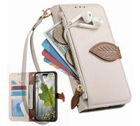 BAILI Hülle für 1+15/OnePlus 15 mit Kreditkartenhalter, Seitenständer, Reißverschluss-Geldbörsenhülle mit Blattmuster für 1+15/OnePlus 15-Weiß