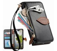 BAILI Hülle für 1+Ace5/OnePlus Ace 5 mit Kreditkartenhalter, Seitenständer, Reißverschluss-Geldbörsenhülle mit Blattmuster für 1+Ace5/OnePlus Ace 5-Schwarz